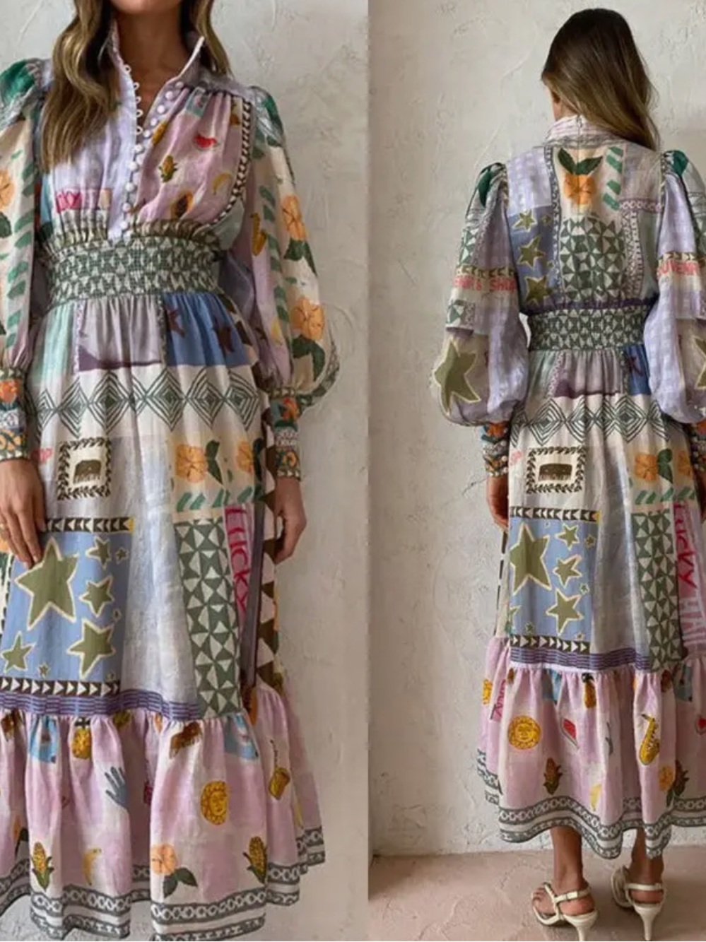 Boho Patchwork Midi Dress in Pastel Multi
